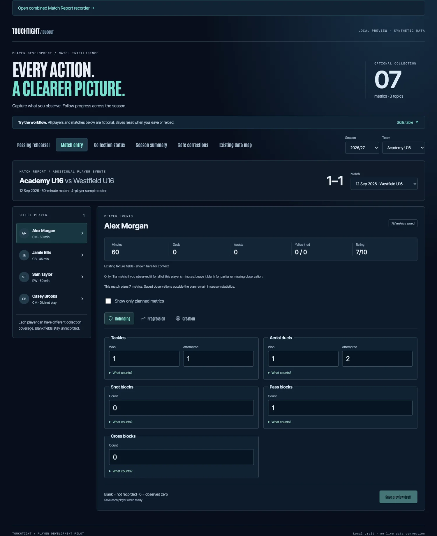 Dugout — actual Touchtight software screen
