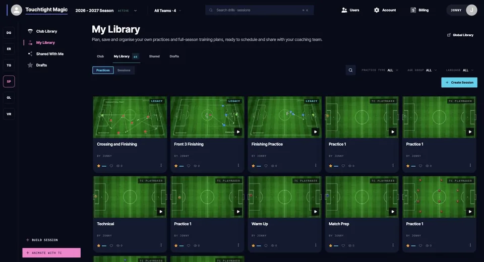 Session Planner practice library shown as a grid of drills